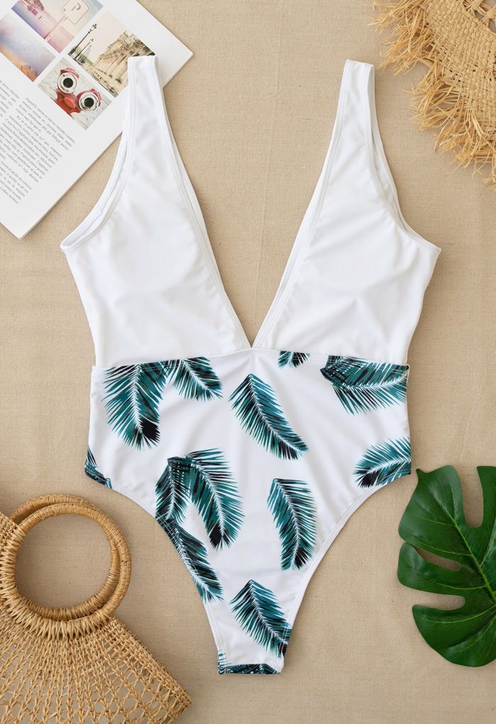 Palm Print Deep V-Neck One-Piece Swimsuit - Retro, Indie and Unique Fashion
