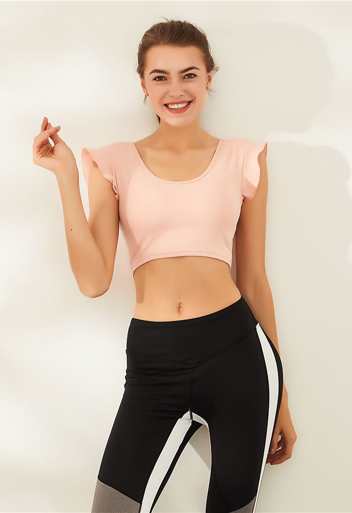 Ruffle Sleeves Scoop Neck Low-Impact Sports Bra in Peach - Retro, Indie and  Unique Fashion