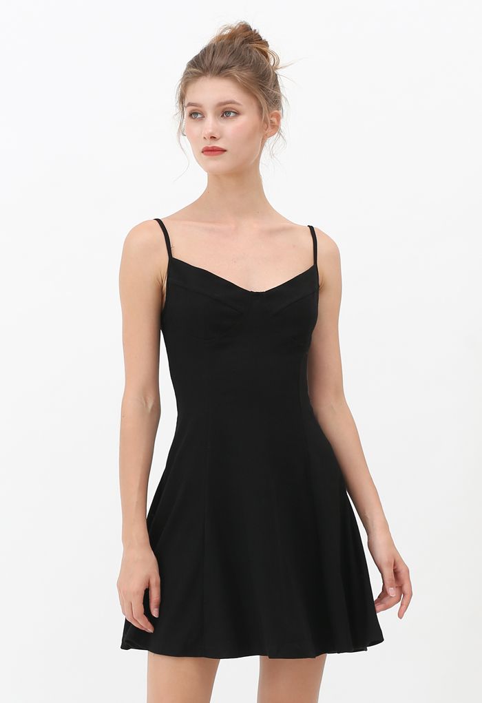 Fit and Flare Ribbed Cami Skater Dress in Black - Retro, Indie and