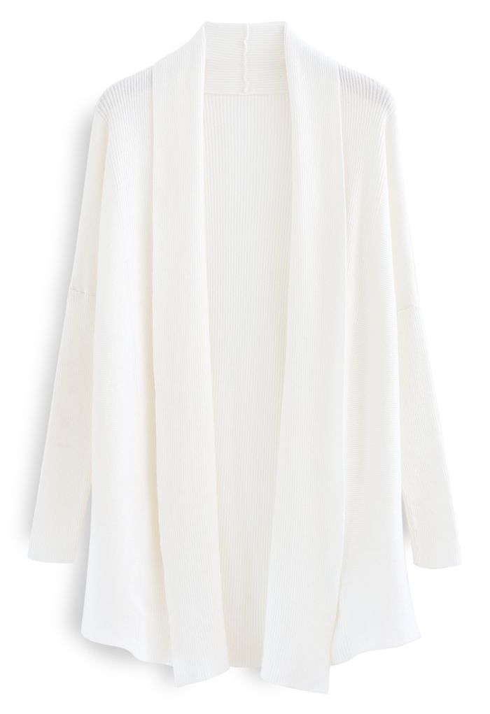Basic Rib Knit Drape Neck Cardigan in White