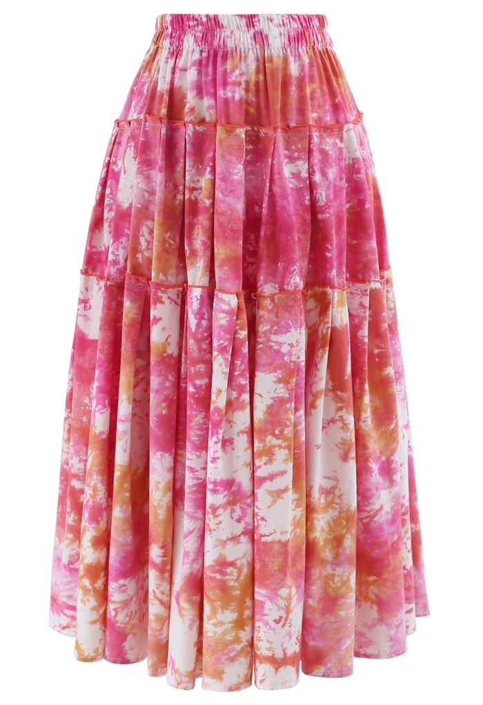 Tie-Dye Pleated Frill Midi Skirt in Hot Pink - Retro, Indie and Unique ...