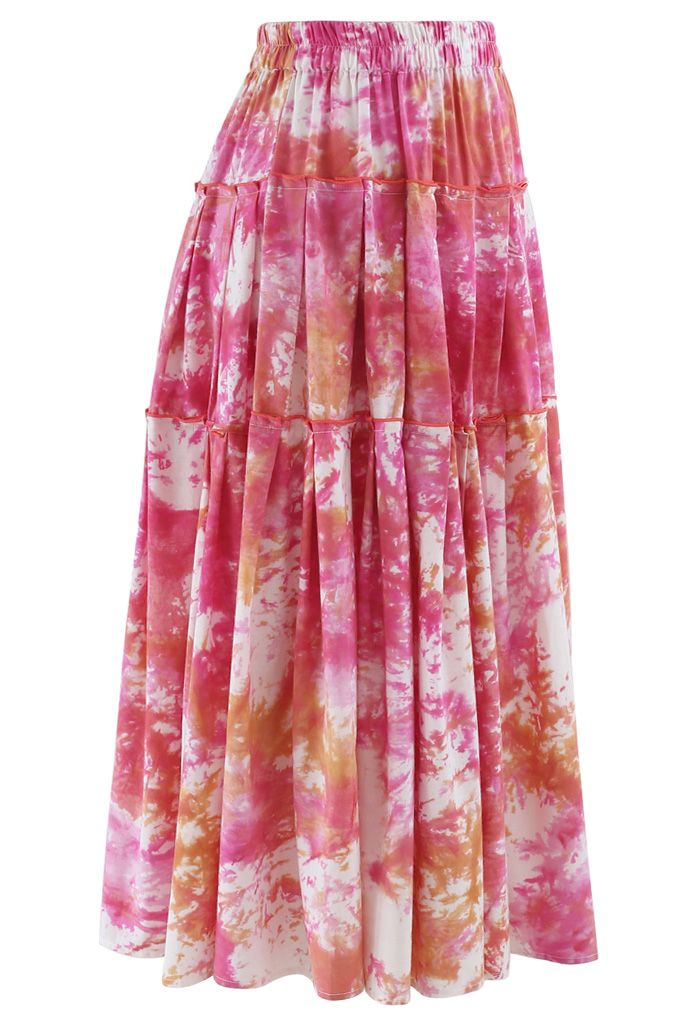 Tie-Dye Pleated Frill Midi Skirt in Hot Pink - Retro, Indie and Unique ...