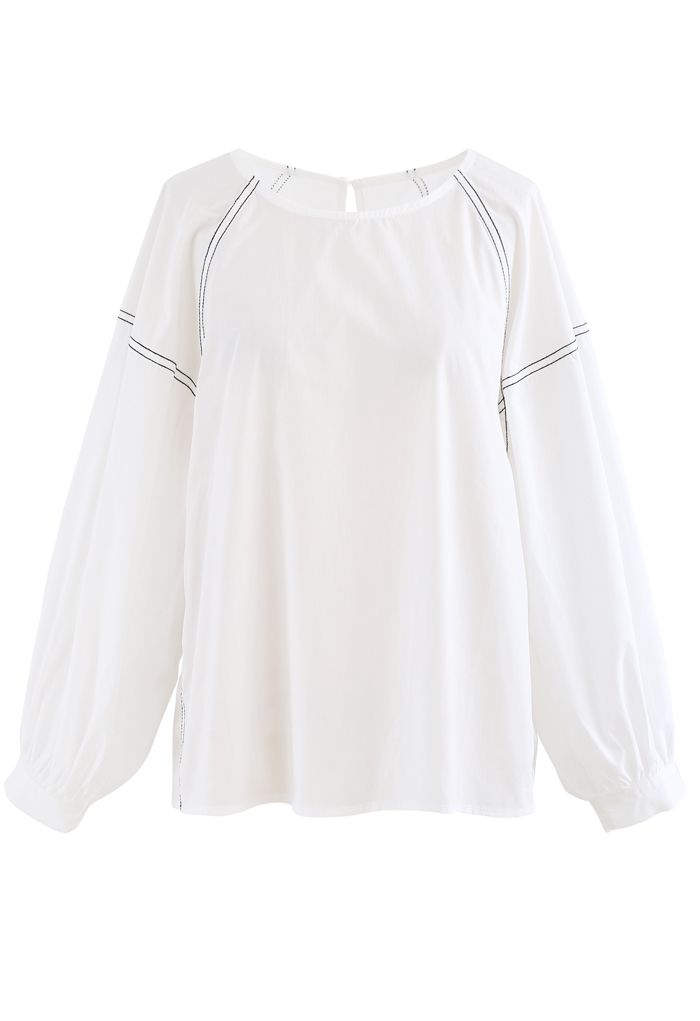 Contrast Line Puff Sleeves Loose Top in White - Retro, Indie and Unique ...
