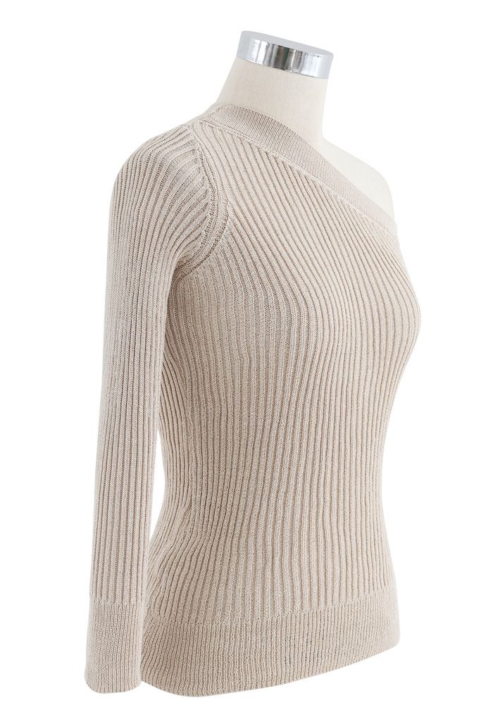 Fitted One Shoulder Ribbed Knit Top in Sand - Retro, Indie and Unique ...