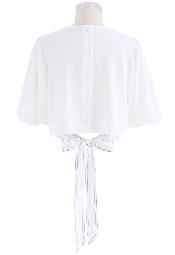 Button Back Bowknot Crop Top in White