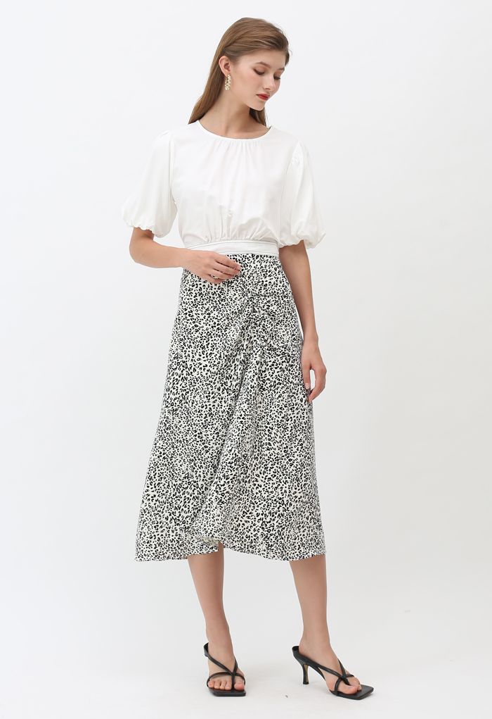 Animal Print Side Ruched Midi Skirt in Ivory - Retro, Indie and Unique ...