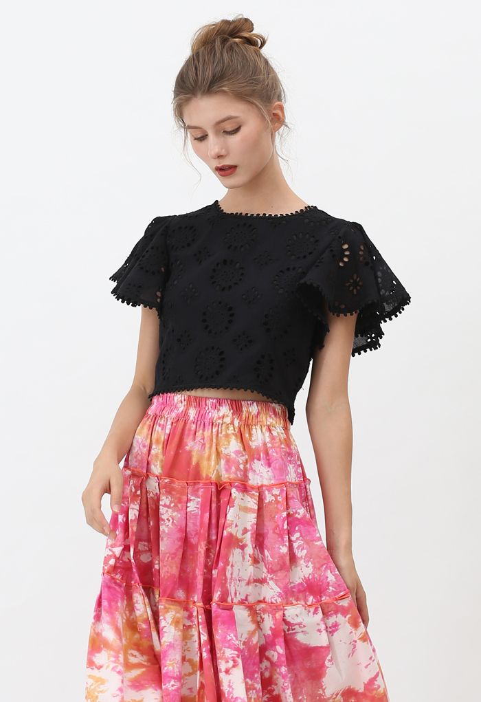 Floral Eyelet Embroidered Ruffle Sleeves Crop Top in Black