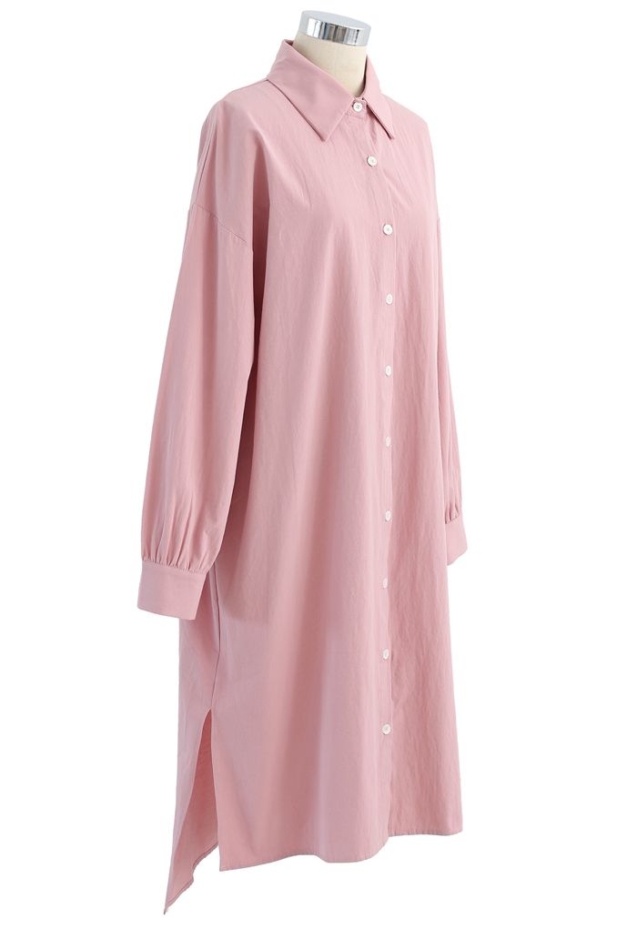 Asymmetric Split Hem Button Down Shirt Dress in Pink - Retro, Indie and ...