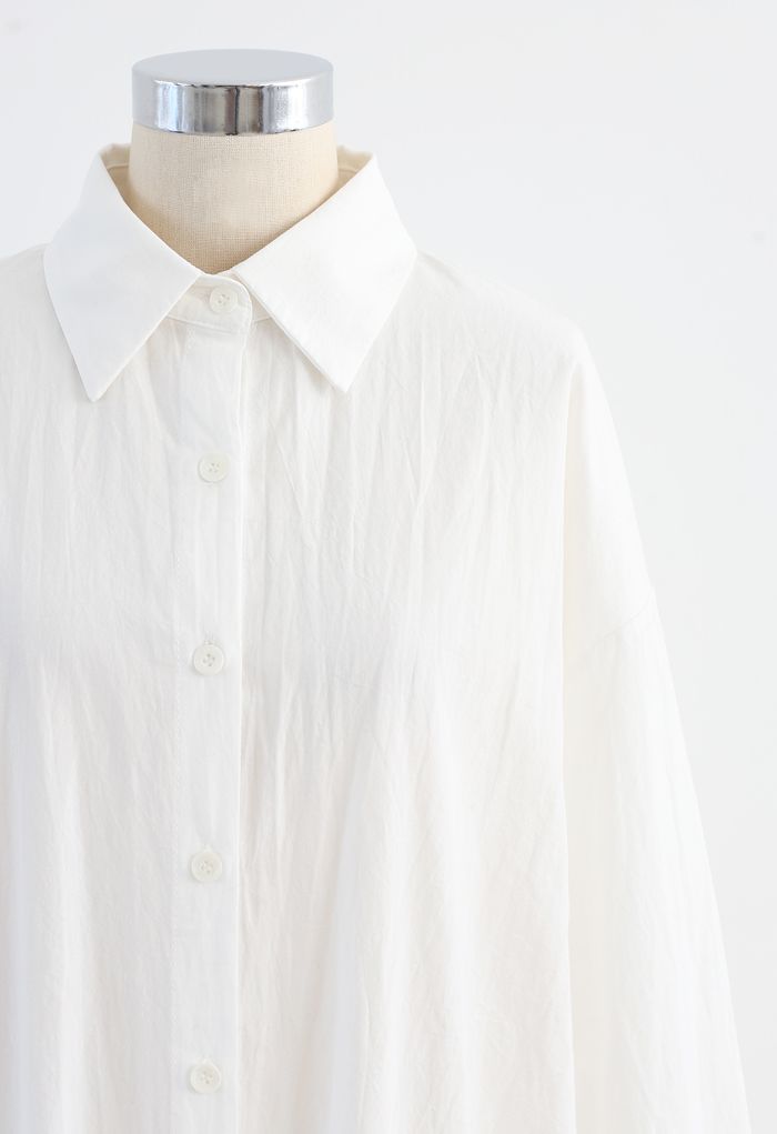 Asymmetric Split Hem Button Down Shirt Dress in White