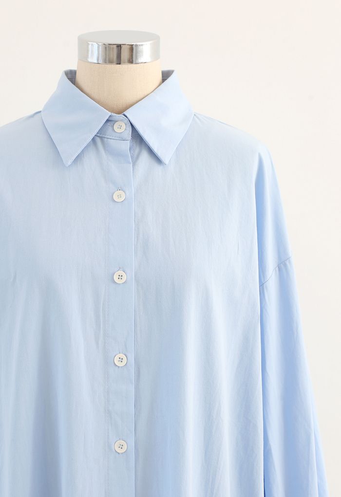 Asymmetric Split Hem Button Down Shirt Dress in Blue