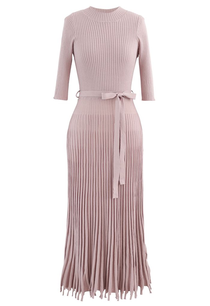 Mock Neck Fringed Hem Ribbed Knit Midi Dress in Pink - Retro, Indie and ...