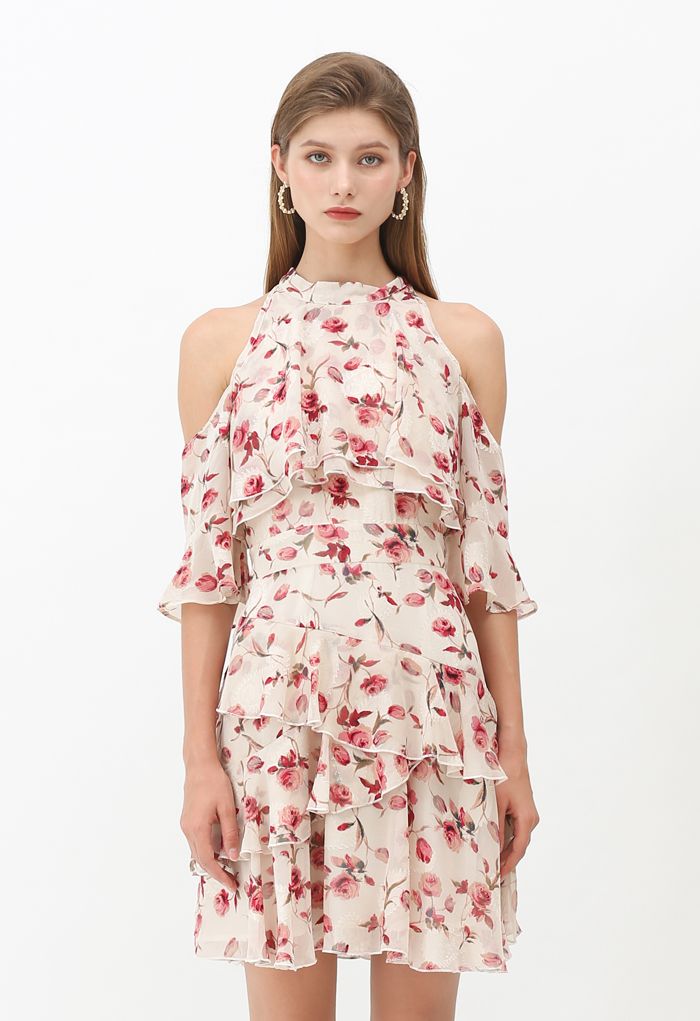 Cold-Shoulder Rose Print Jacquard Halter Dress - Retro, Indie and ...
