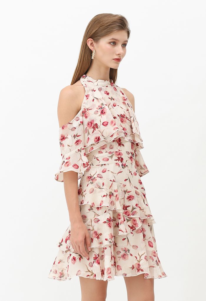 Cold-Shoulder Rose Print Jacquard Halter Dress - Retro, Indie and ...