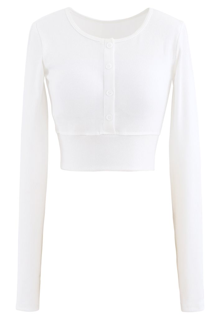 Buttoned Long Sleeves Crop Top in White - Retro, Indie and Unique Fashion