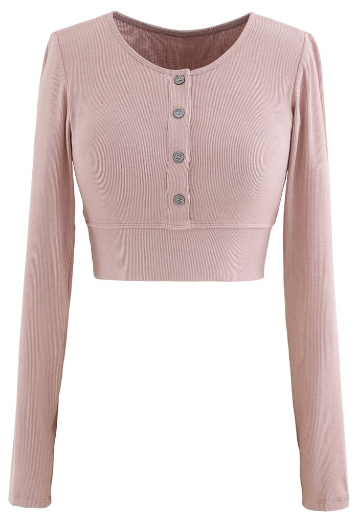 Buttoned Long Sleeves Crop Top in Dusty Pink - Retro, Indie and Unique ...