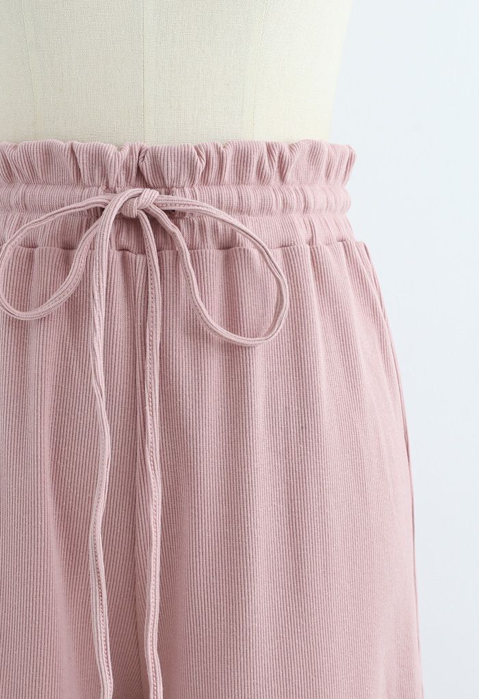 Drawstring Paper-Bag Waist Ribbed Yoga Pants in Pink - Retro, Indie and ...