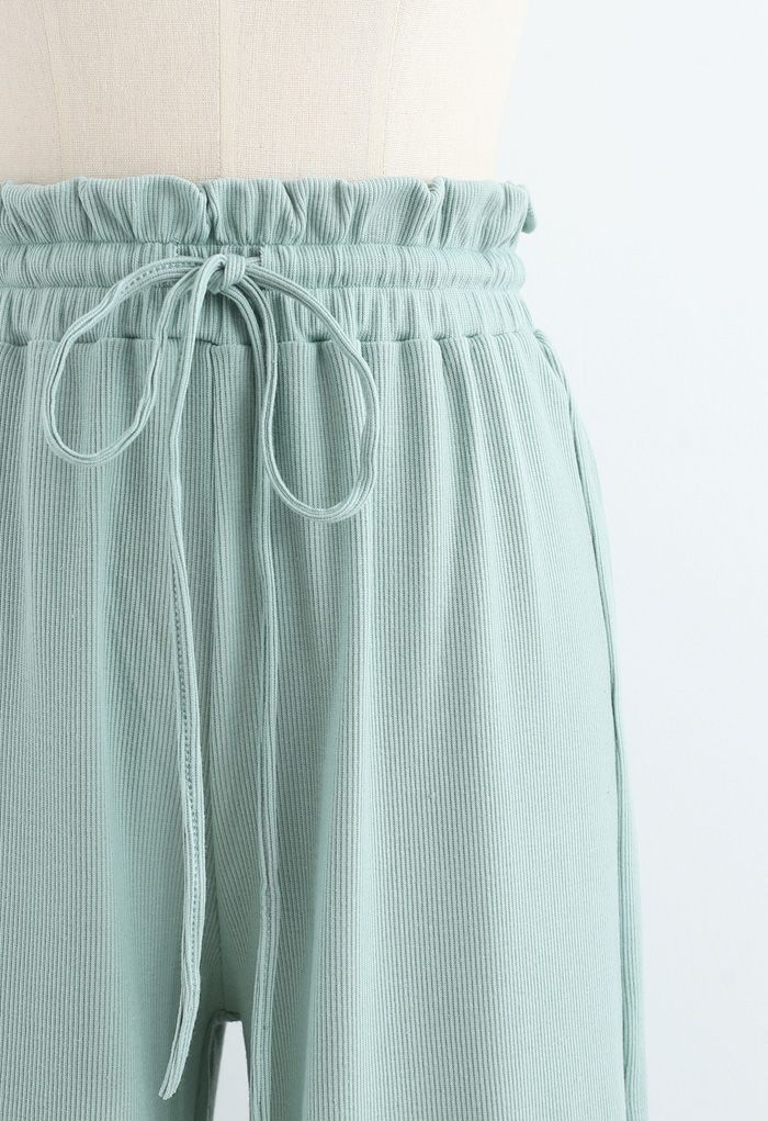 Drawstring Paper-Bag Waist Ribbed Yoga Pants in Mint - Retro, Indie and ...