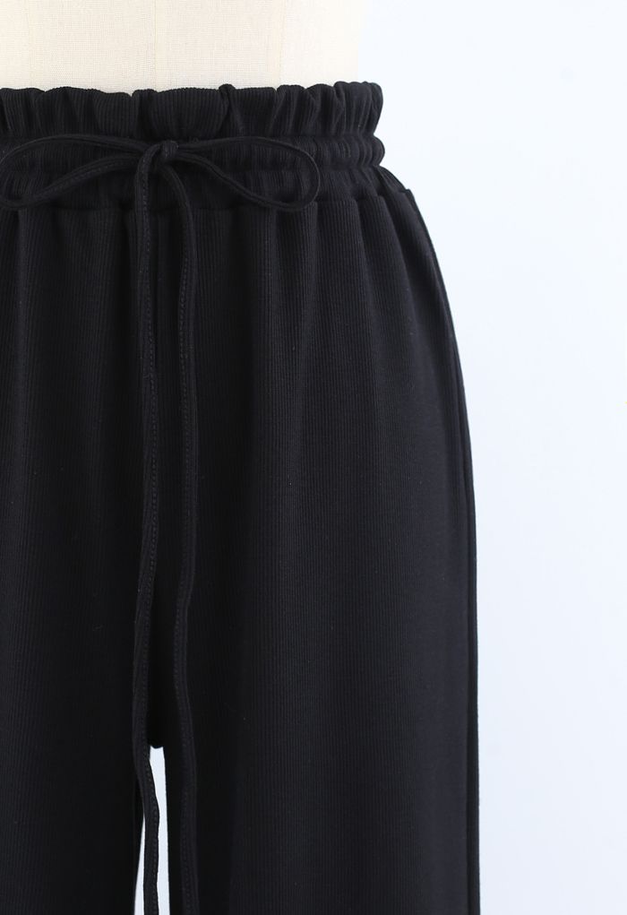 Drawstring Paper-Bag Waist Ribbed Yoga Pants in Black - Retro, Indie ...