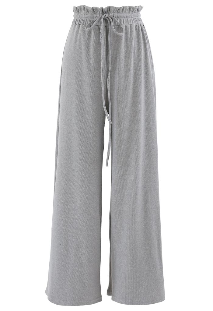 Drawstring Paper-Bag Waist Ribbed Yoga Pants in Grey - Retro, Indie and ...