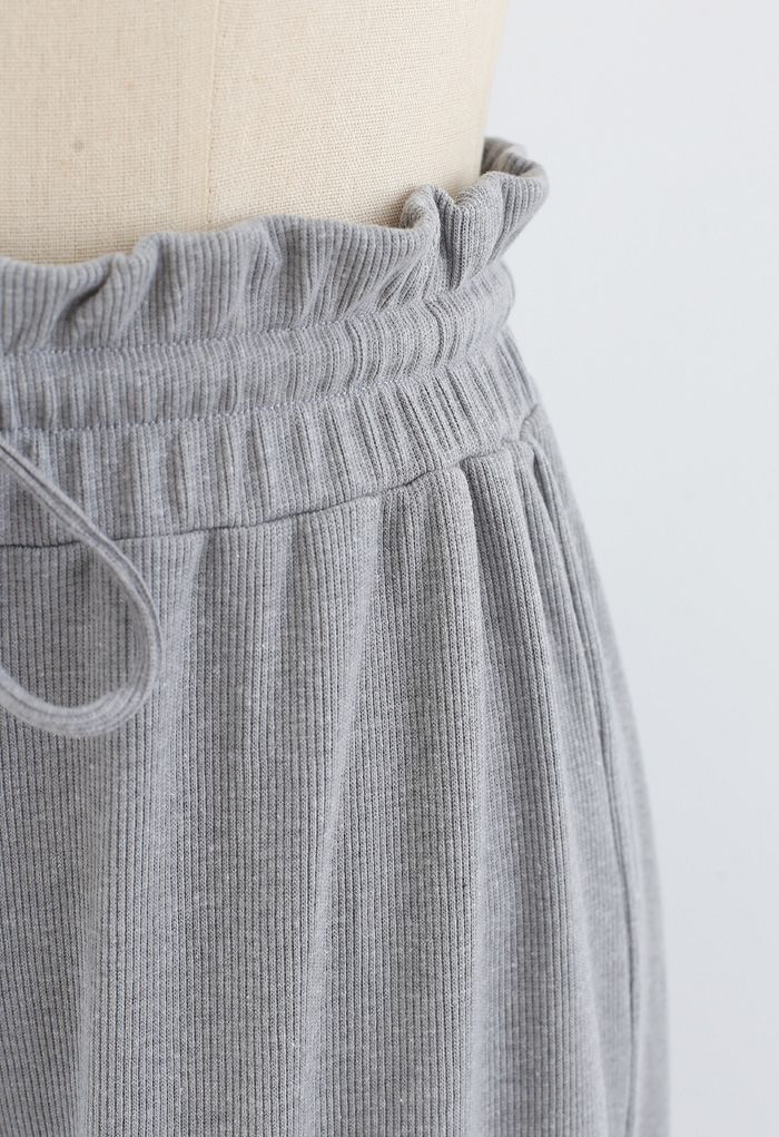 Drawstring Paper-Bag Waist Ribbed Yoga Pants in Grey - Retro, Indie and ...