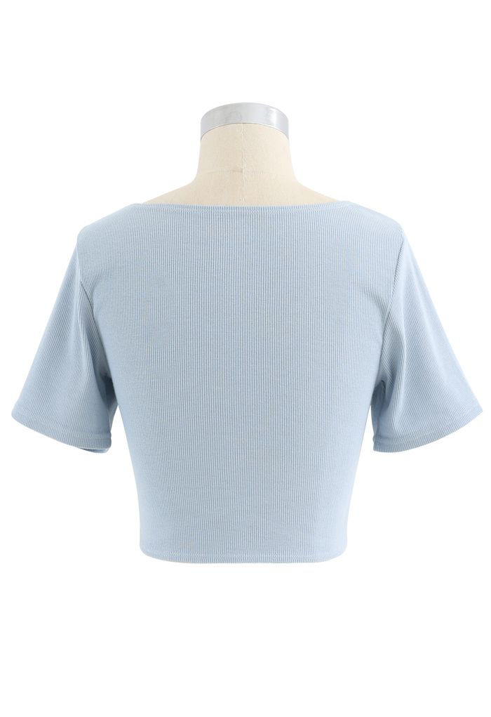 Crisscross Front Short Sleeves Ribbed Top in Dusty Blue - Retro, Indie ...