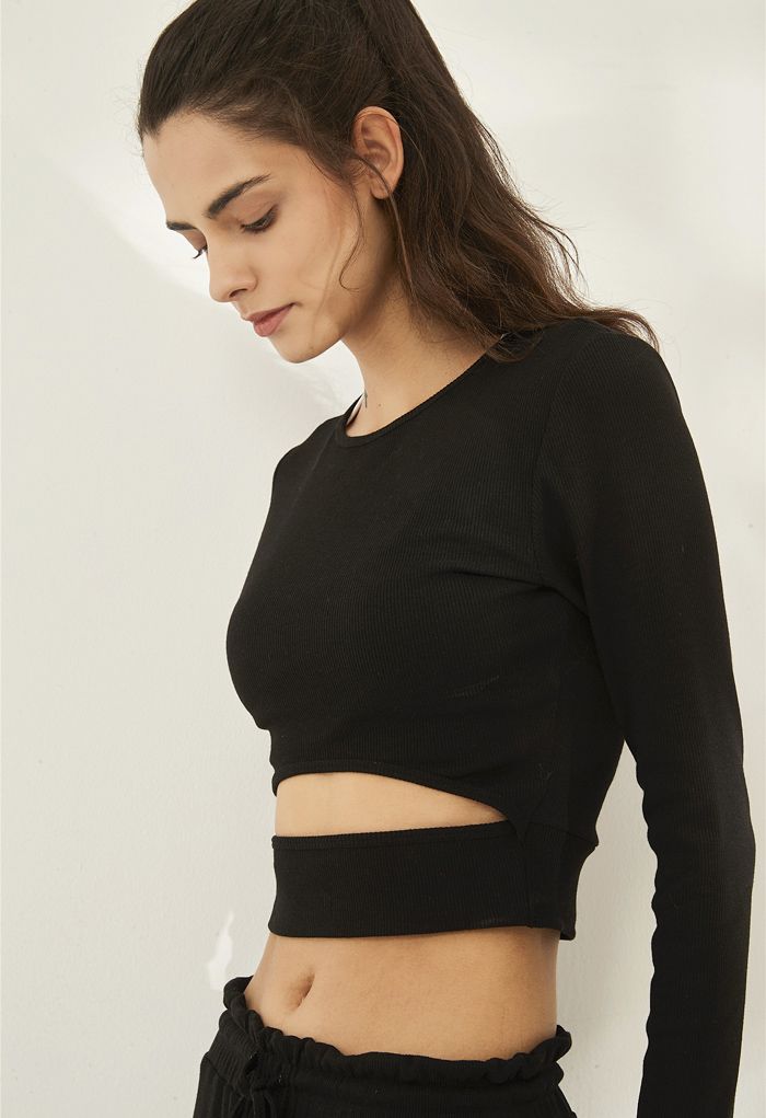 Hollow-Out Waist Sleeves Crop Top in Black - Retro, Indie and Unique ...
