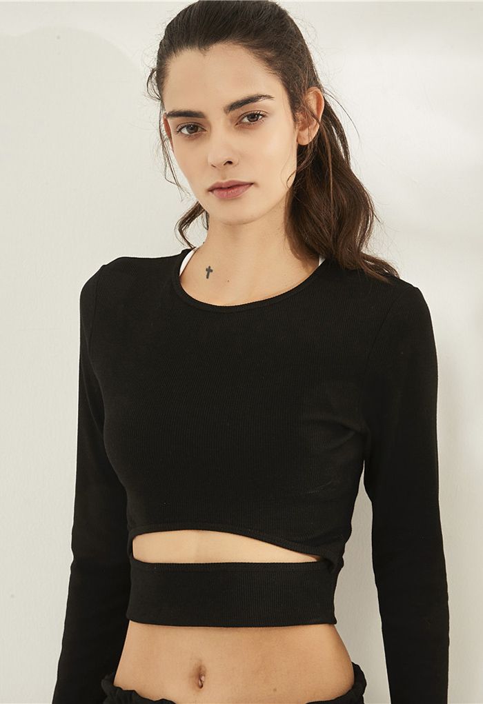 Hollow-Out Waist Sleeves Crop Top in Black - Retro, Indie and Unique ...