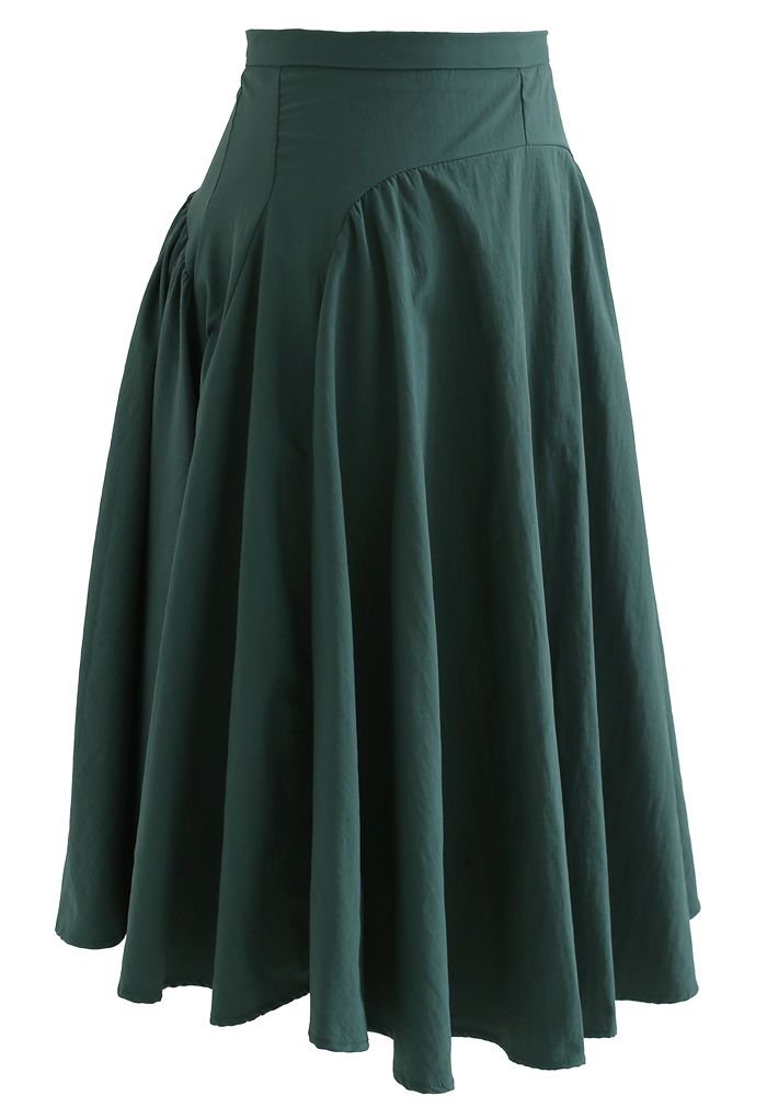 A-Line Asymmetric Flare Hem Midi Skirt in Dark Green