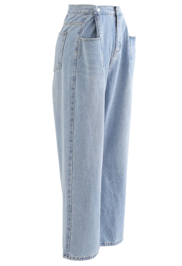 Patched Pockets High-Waisted Wide-Leg Jeans