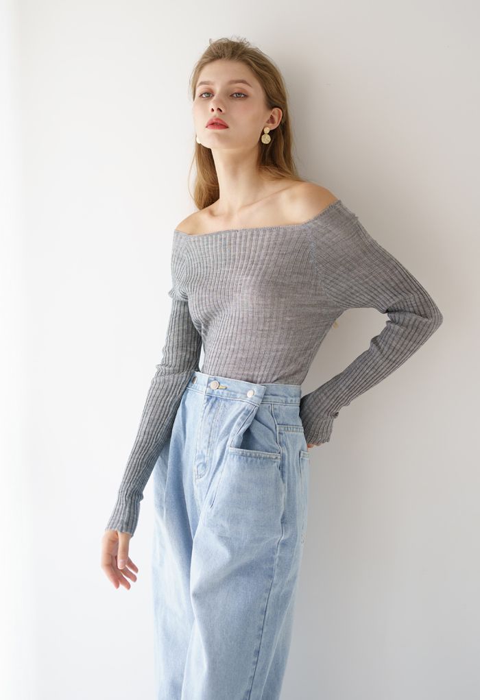 Fitted Off-Shoulder Ribbed Knit Top in Grey