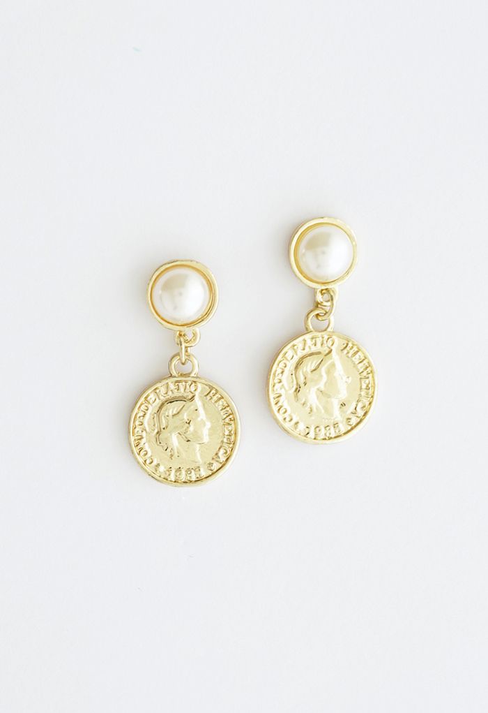 Vintage Gold Coin Pearl Drop Eearrings