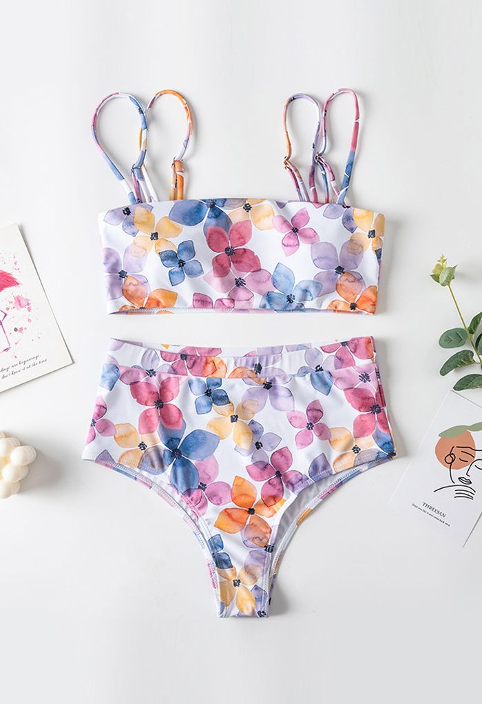 Multicolored Floral Double Straps High-Waisted Bikini Set
