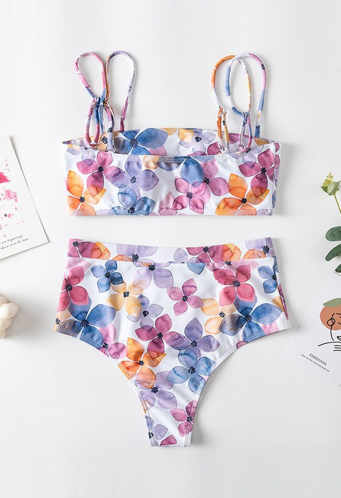 Multicolored Floral Double Straps High-Waisted Bikini Set