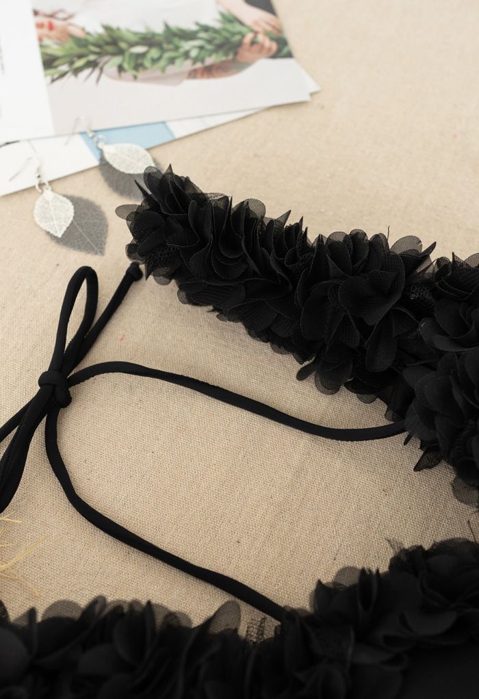 Mesh Flower Straps Halter One-Piece Swimsuit in Black