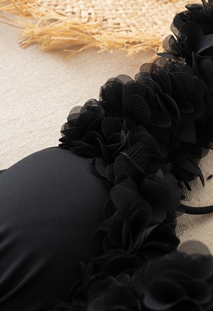 Mesh Flower Straps Halter One-Piece Swimsuit in Black
