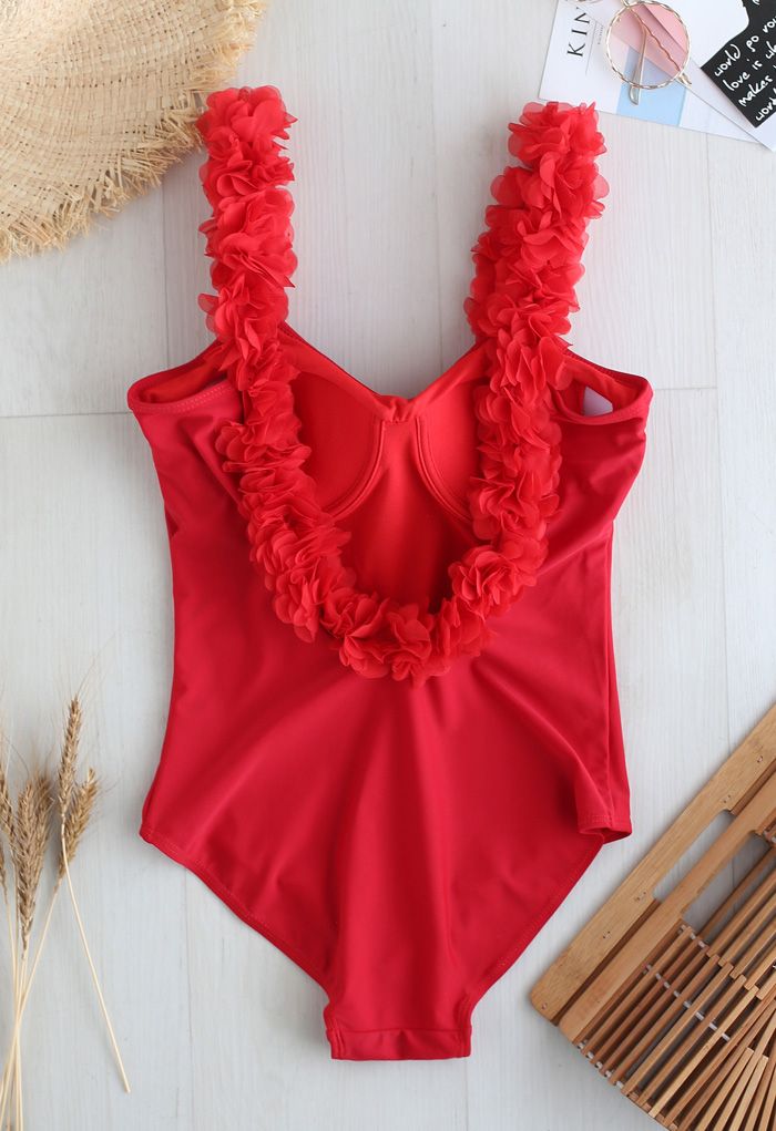 Solid Red 3D Floral Straps Scoop Back Swimsuit - Retro, Indie and ...