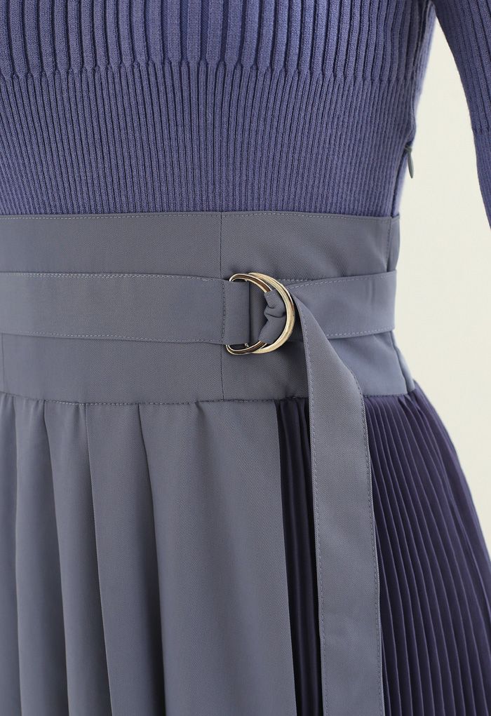 Knit Chiffon Spliced Belted Pleated Dress in Dusty Blue - Retro, Indie ...