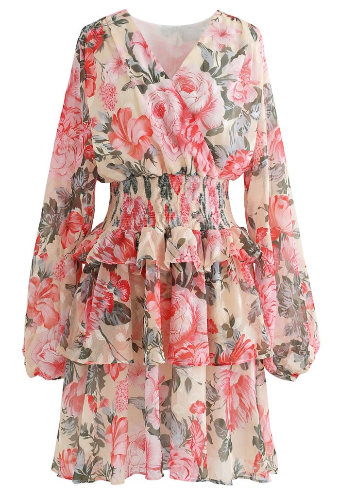 Jacquard Bloom Wrap Tiered Sheer Dress in Apricot - Retro, Indie and ...