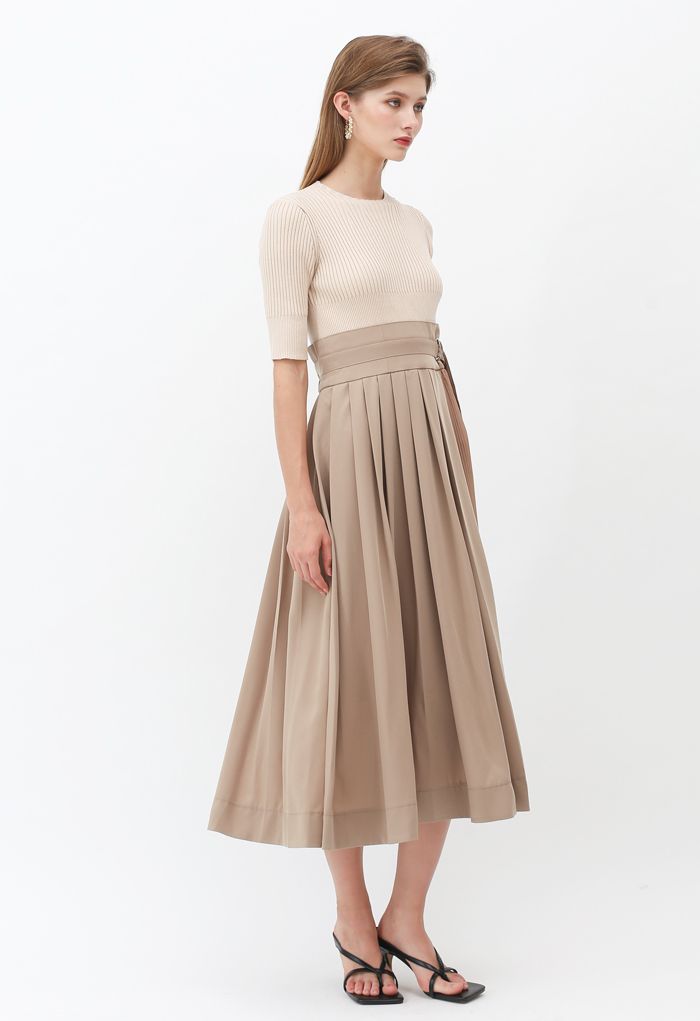 Knit Chiffon Spliced Belted Pleated Dress in Tan - Retro, Indie and ...
