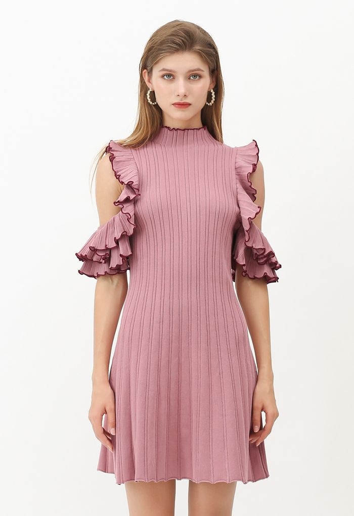 Ruffle Cold Shoulder Ribbed Knit Dress in Pink - Retro, Indie and