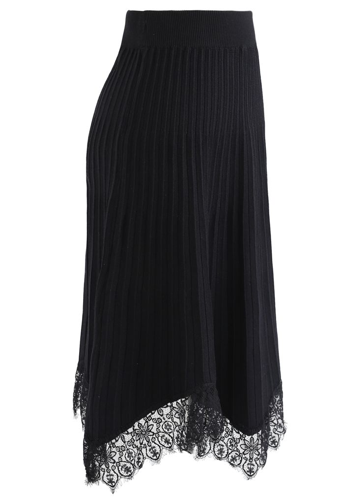 Lace Trim Pleated Knit Midi Skirt in Black - Retro, Indie and Unique ...
