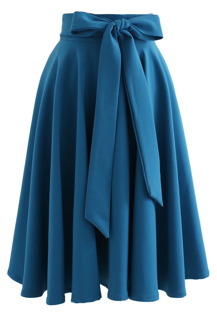 Flare Hem Bowknot Waist Midi Skirt in Peacock Blue - Retro, Indie and ...