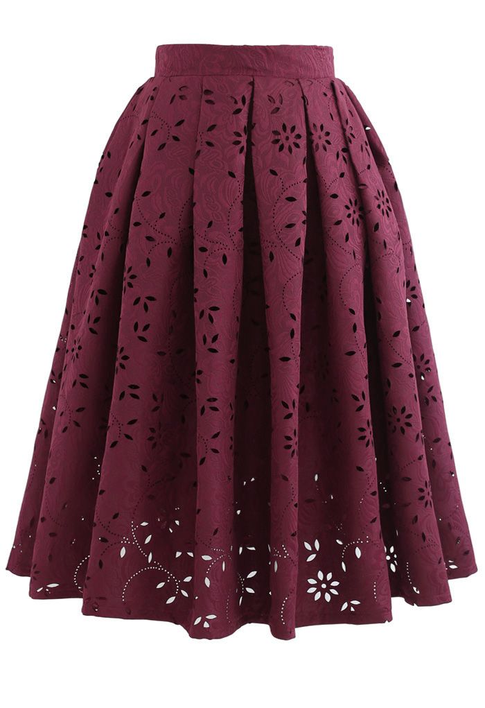 Floral Cutwork Jacquard Midi Skirt in Wine - Retro, Indie and Unique ...