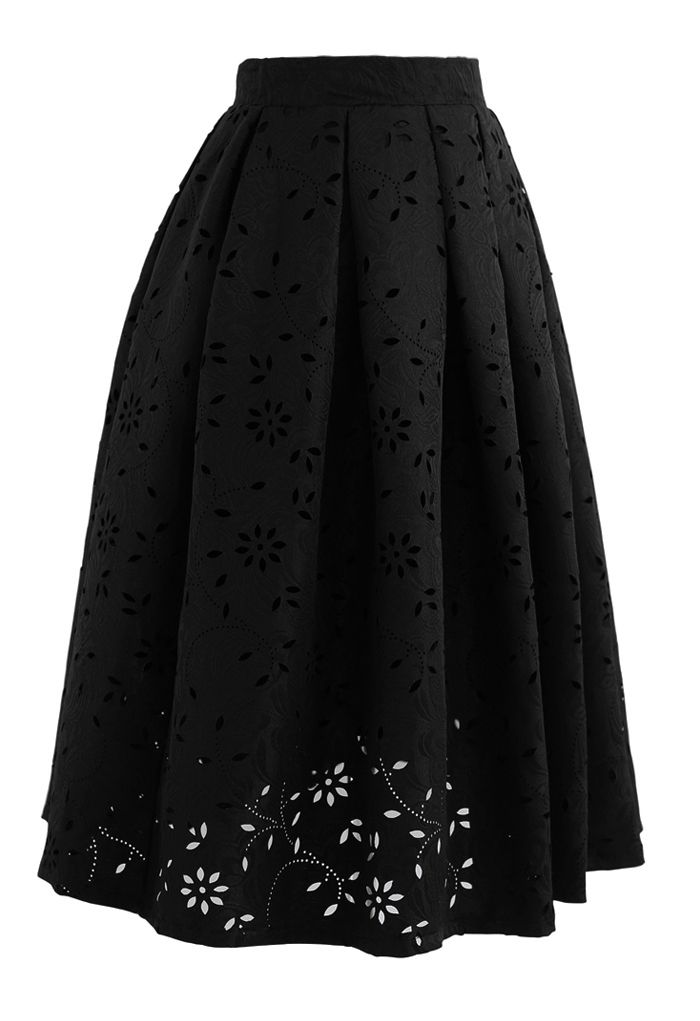 Floral Cutwork Jacquard Midi Skirt in Black - Retro, Indie and Unique ...