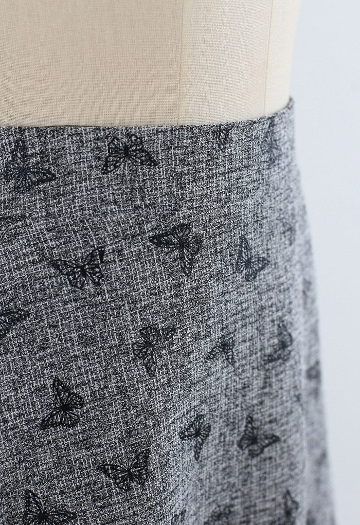 Butterfly Printed Tasseled Tweed A-Line Midi Skirt