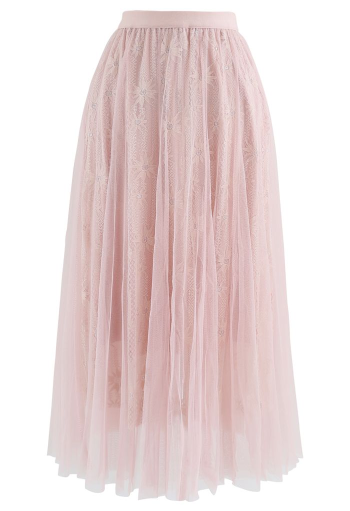 Sunflower Lace Mesh Tulle Midi Skirt in Pink - Retro, Indie and Unique ...