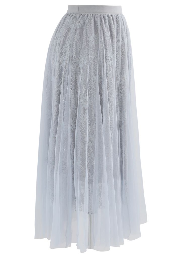 Sunflower Lace Mesh Tulle Midi Skirt in Dusty Blue - Retro, Indie and ...