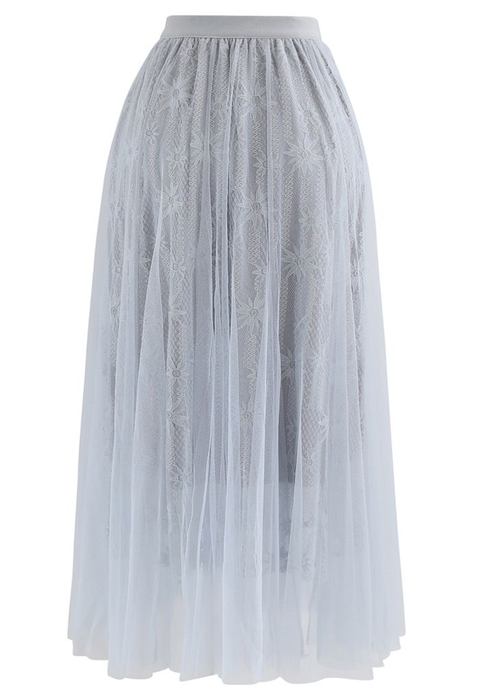 Sunflower Lace Mesh Tulle Midi Skirt in Dusty Blue - Retro, Indie and ...