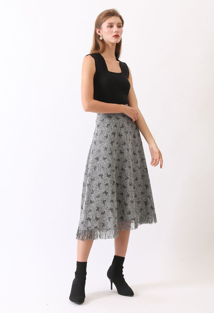 Butterfly Printed Tasseled Tweed A-Line Midi Skirt