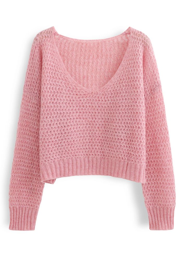Fluffy Knit Hollow Out Crop Sweater in Pink - Retro, Indie and Unique ...